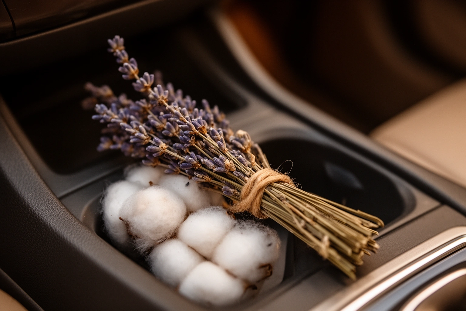 Dried lavender bundle and cotton balls with essential oil as natural car odor absorbers