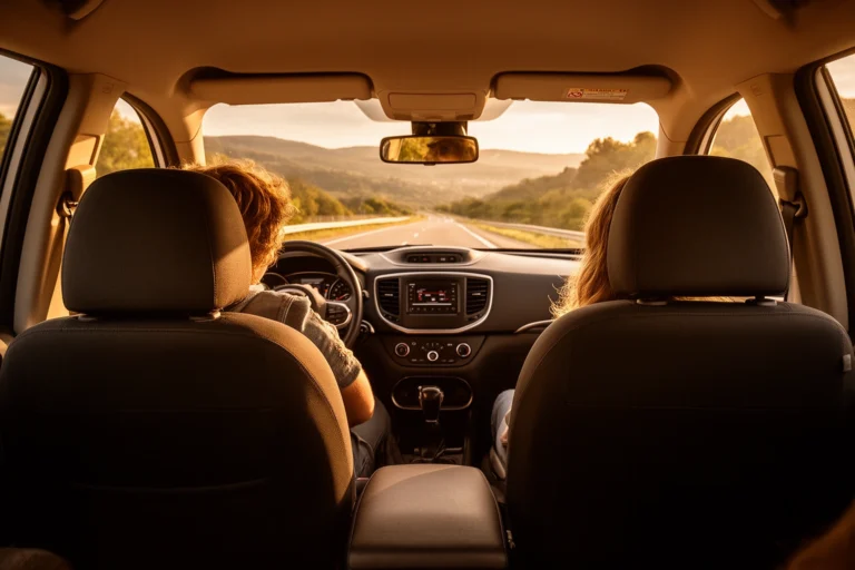 Family playing car games together during a road trip, laughing in the back seat