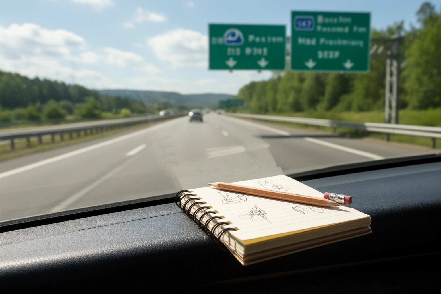 Kids spotting license plates and road signs through car window during road trip game