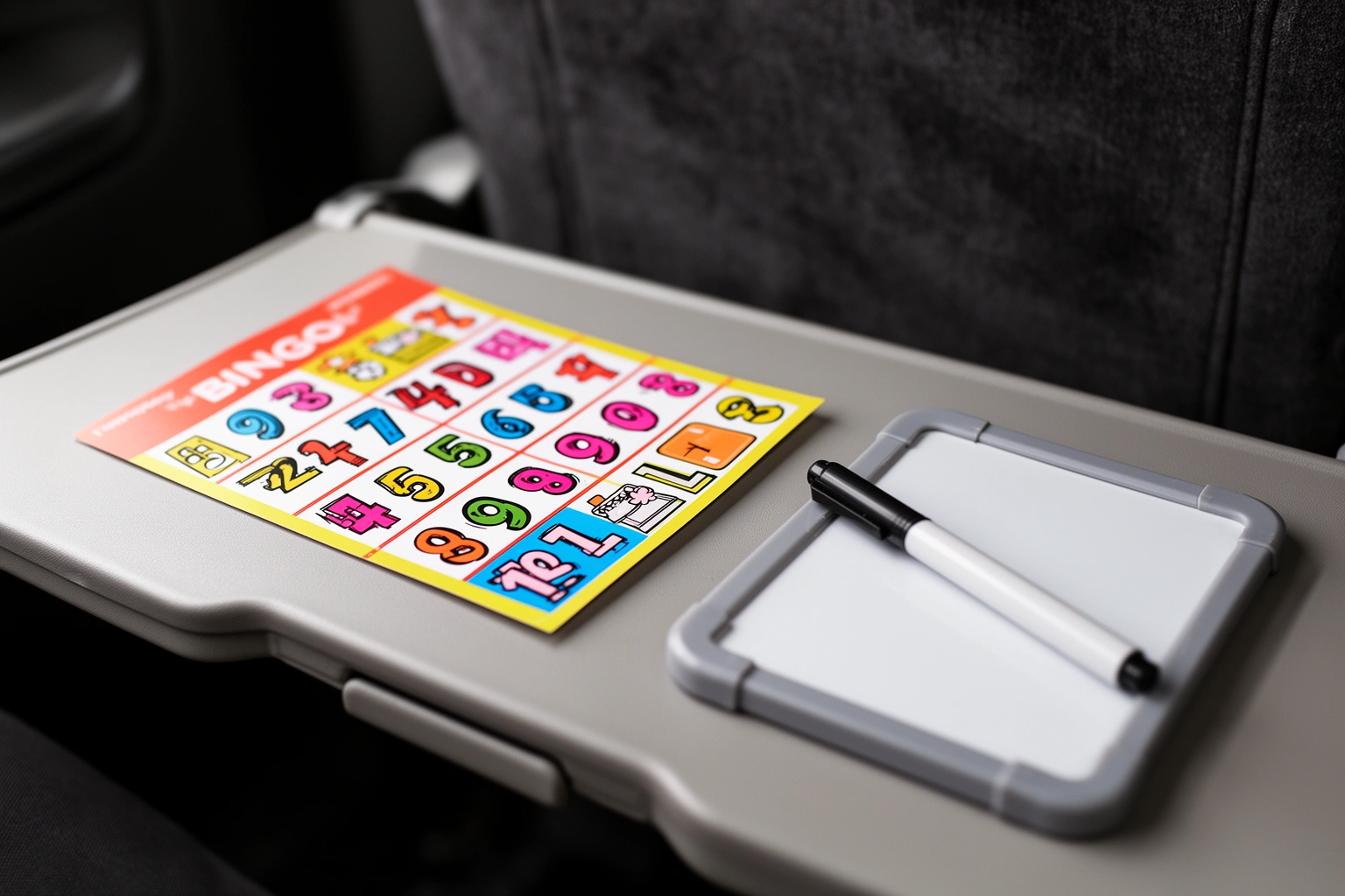 Road trip bingo card and dry erase board game pieces on car backseat tray