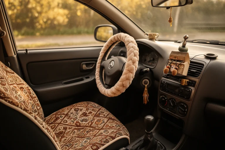 Personalized car interior with custom seat covers and dashboard accessories on a budget
