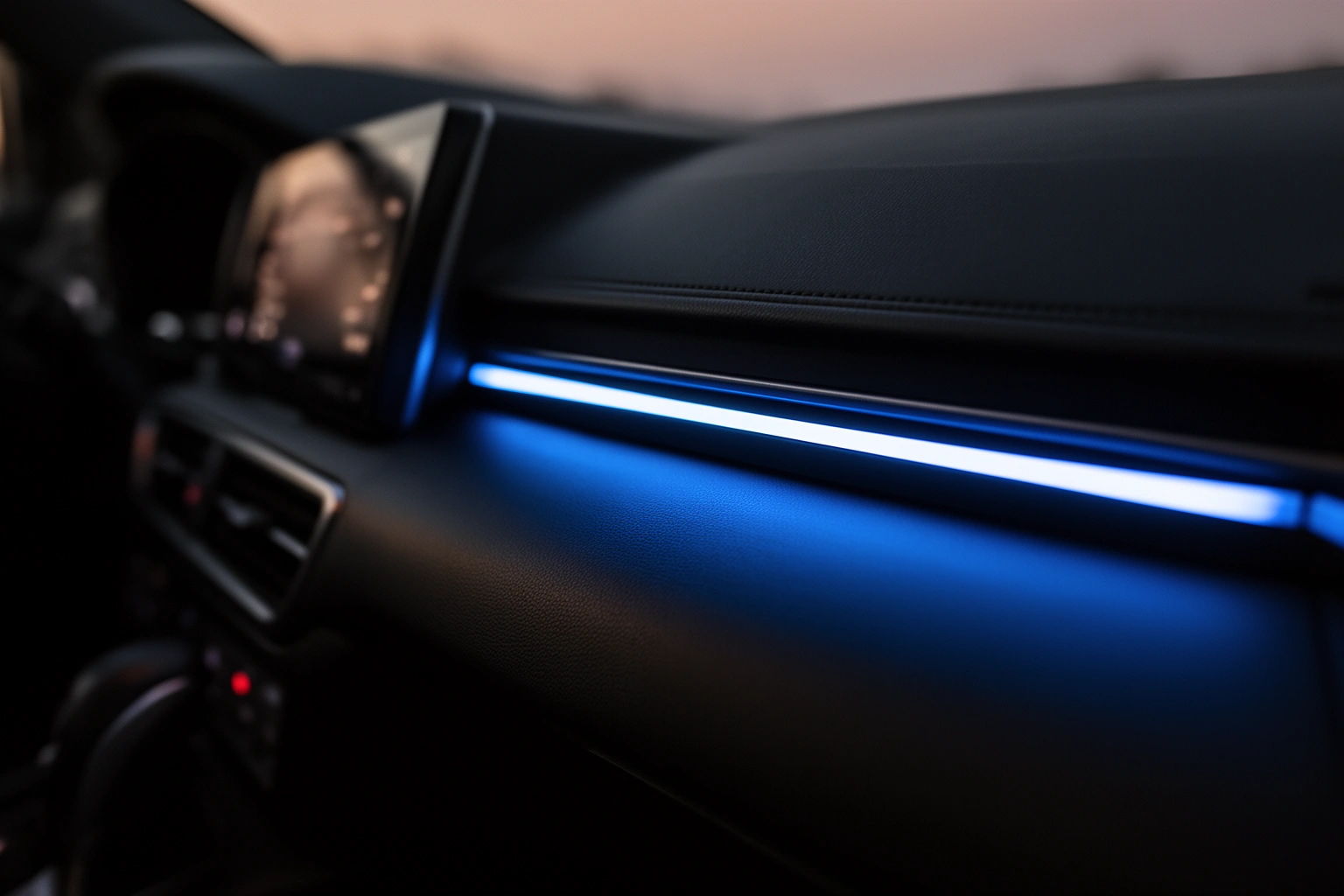 Close-up of ambient LED lighting strip installed under car dashboard for budget personalization