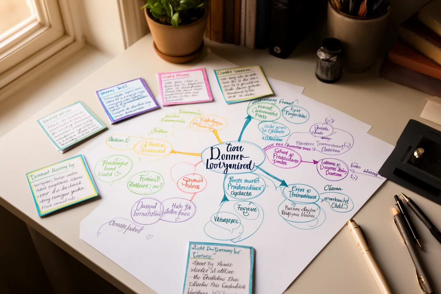 Student using colorful flashcards and mind map to study and improve memory retention