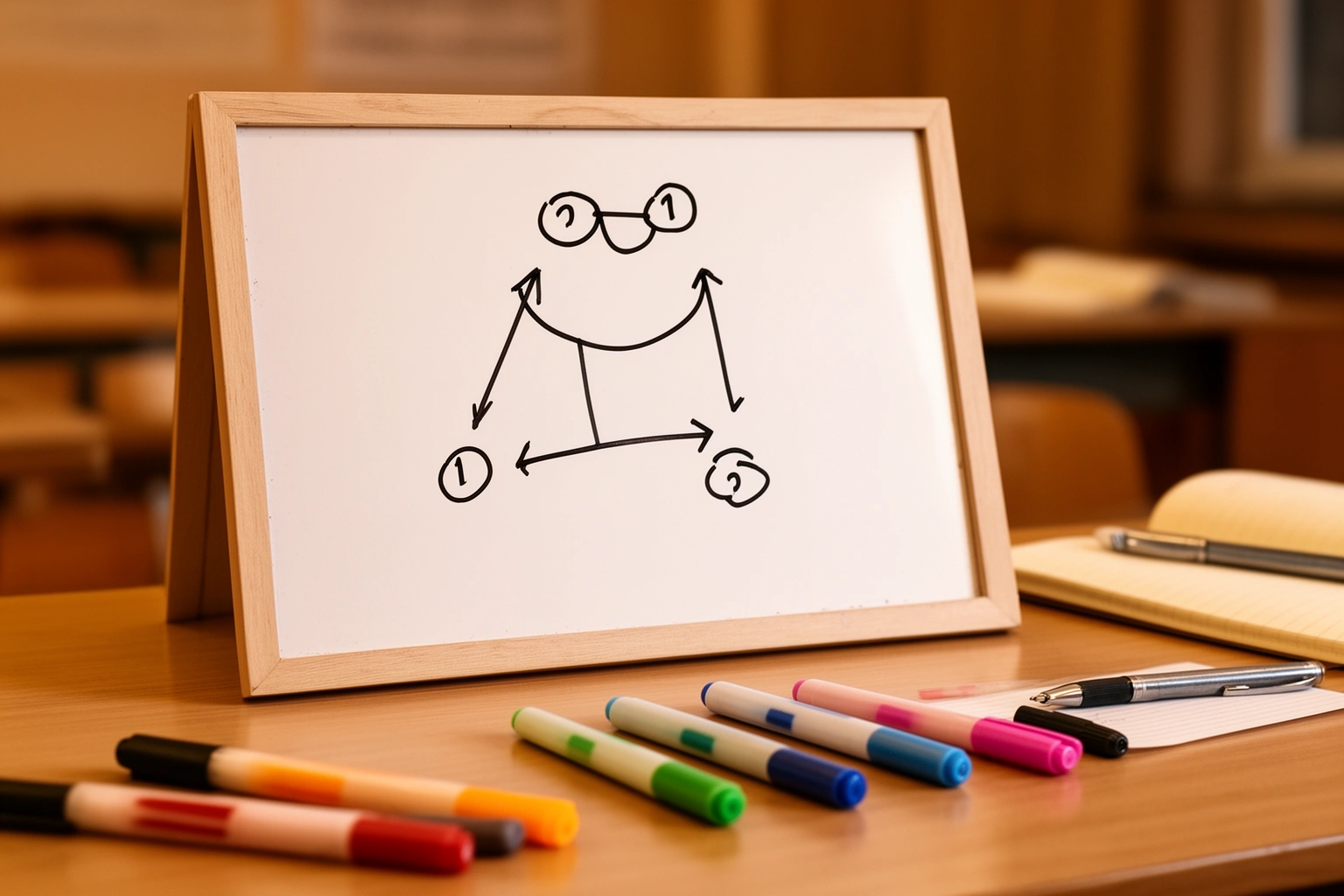 Person teaching a concept aloud to reinforce memory using a whiteboard diagram