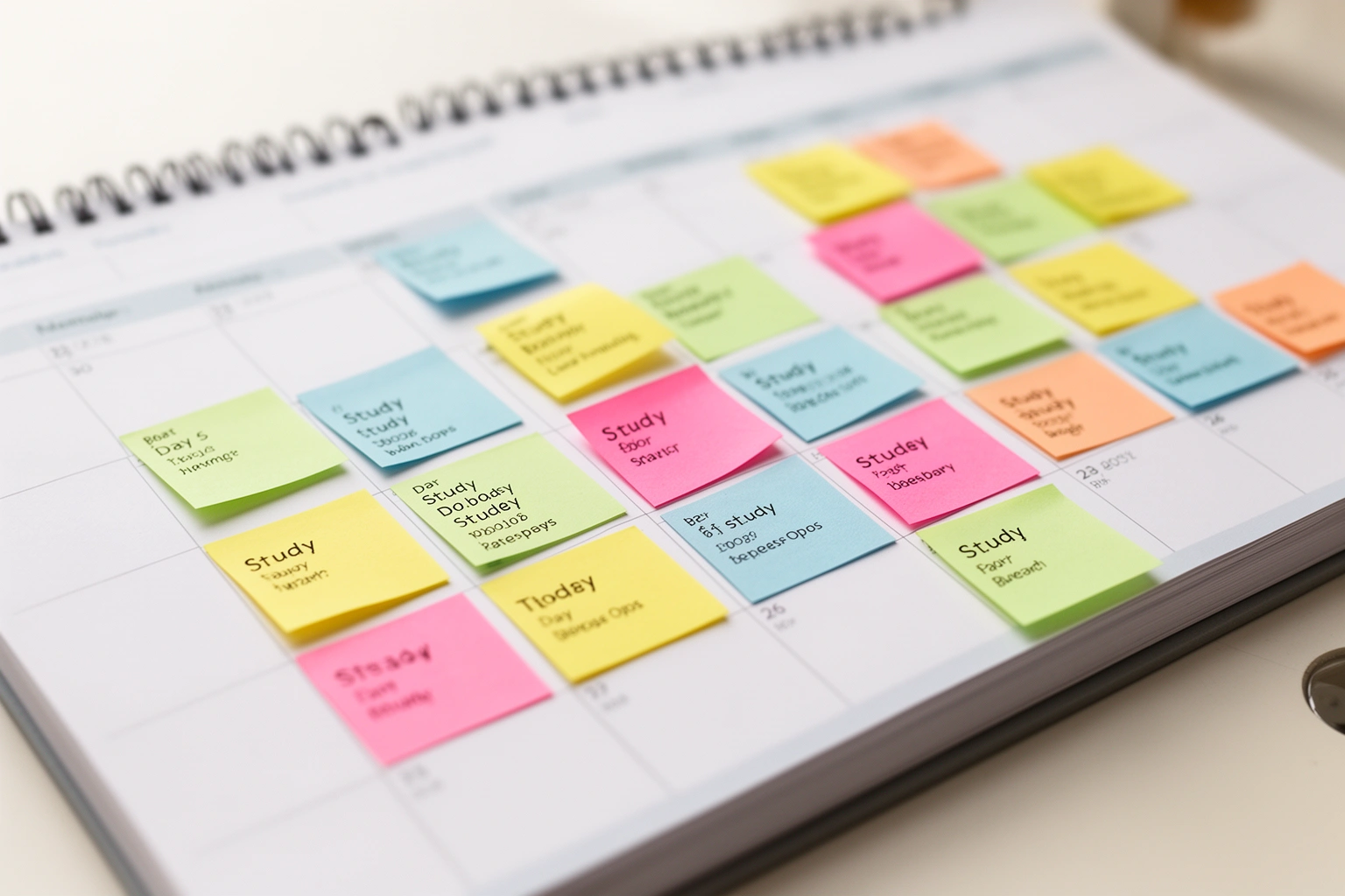 Spaced repetition study calendar and sticky notes representing memory retention technique