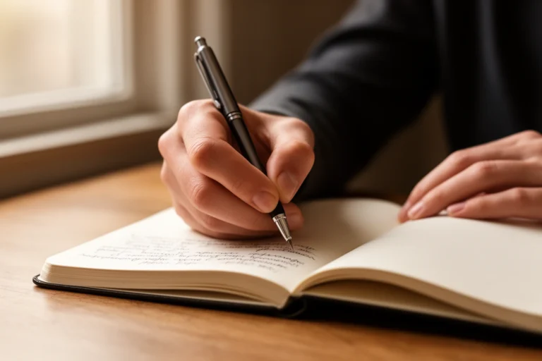 Hand writing notes with pen in notebook illustrating handwriting benefits for memory