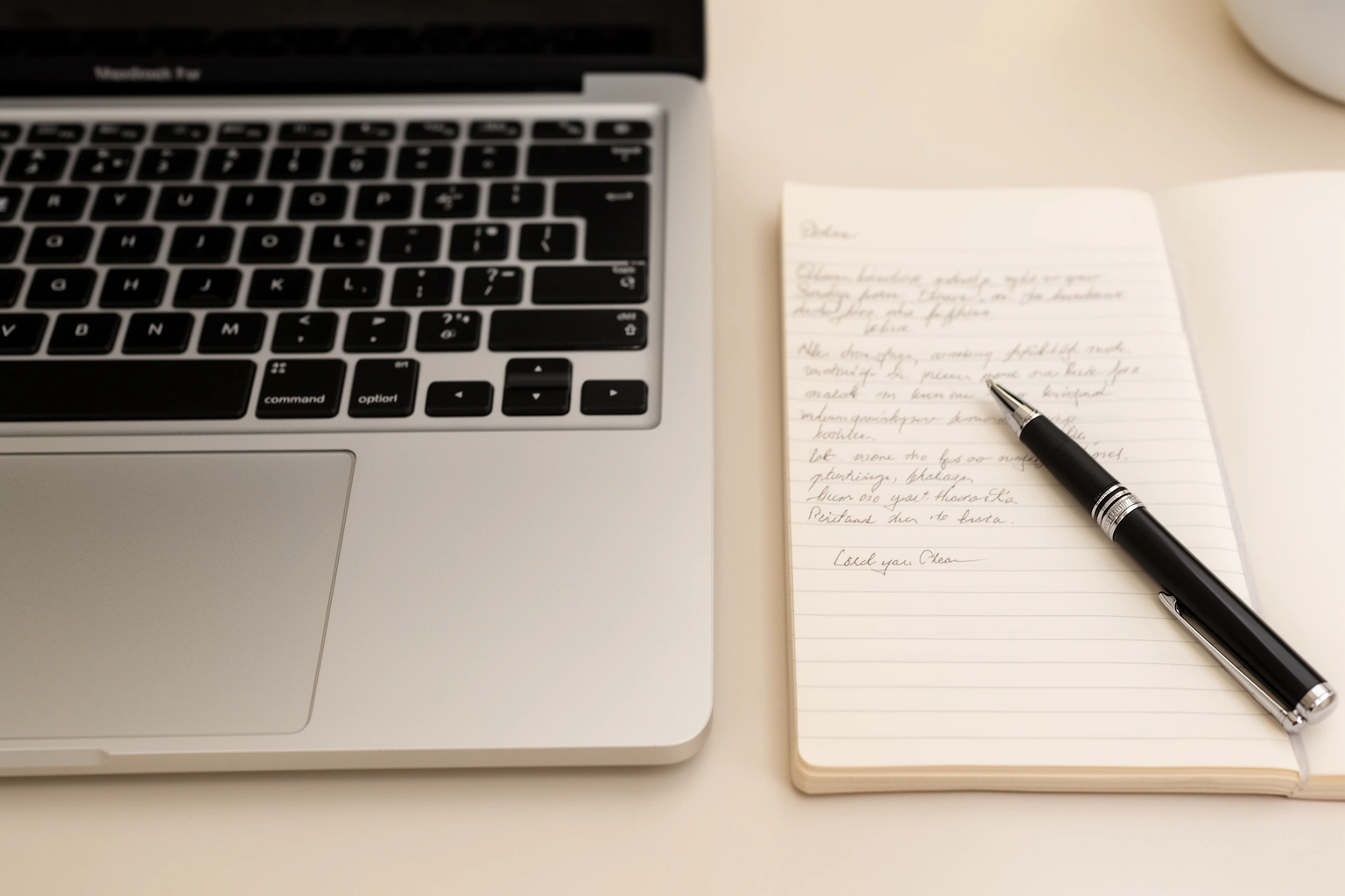 Laptop keyboard next to handwritten notebook comparing typing and handwriting for studying