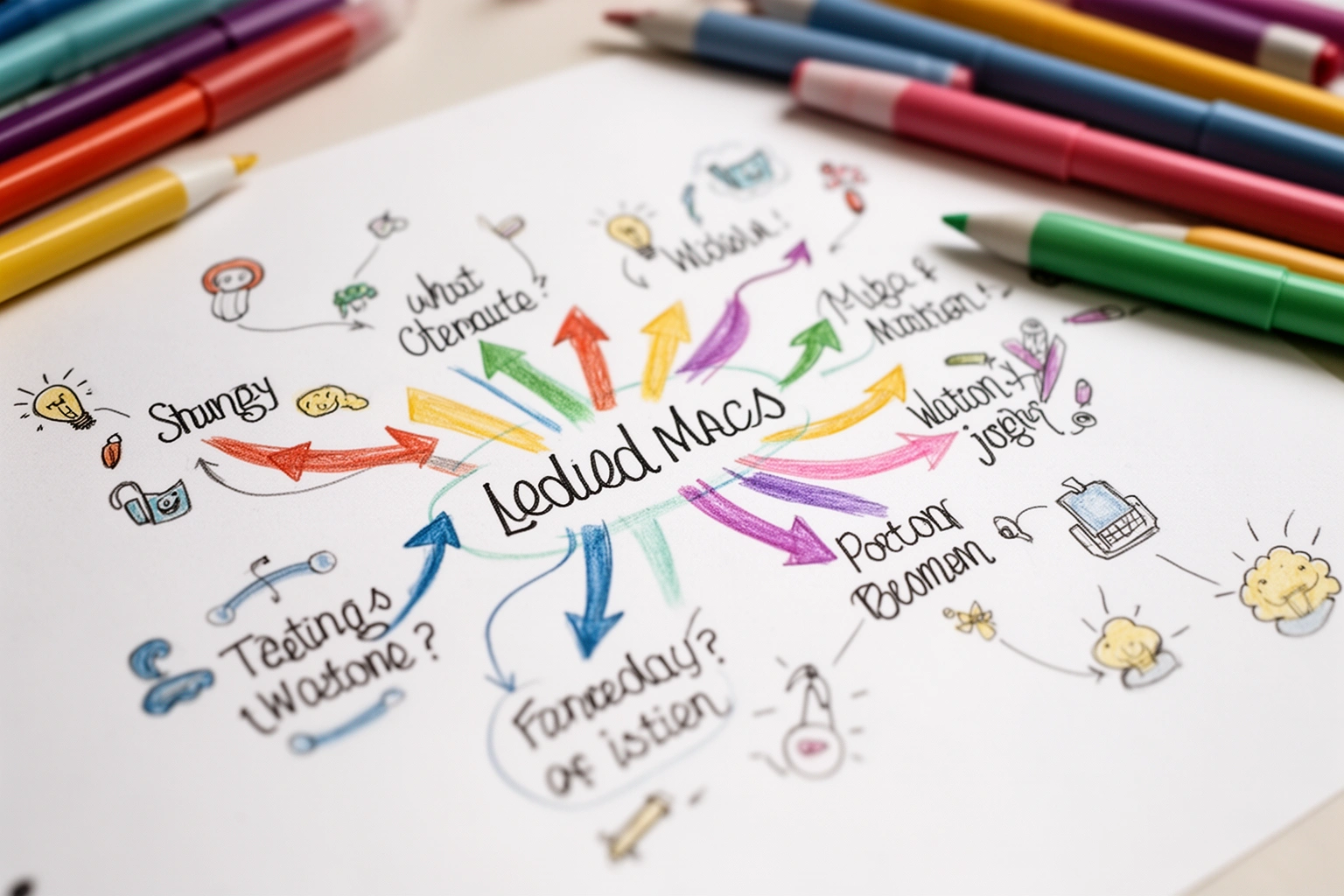 Colorful mind map with drawings and arrows demonstrating dual coding in handwritten notes