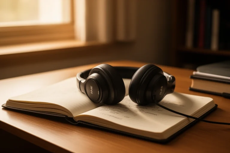 Student studying with headphones on listening to focus music at a desk