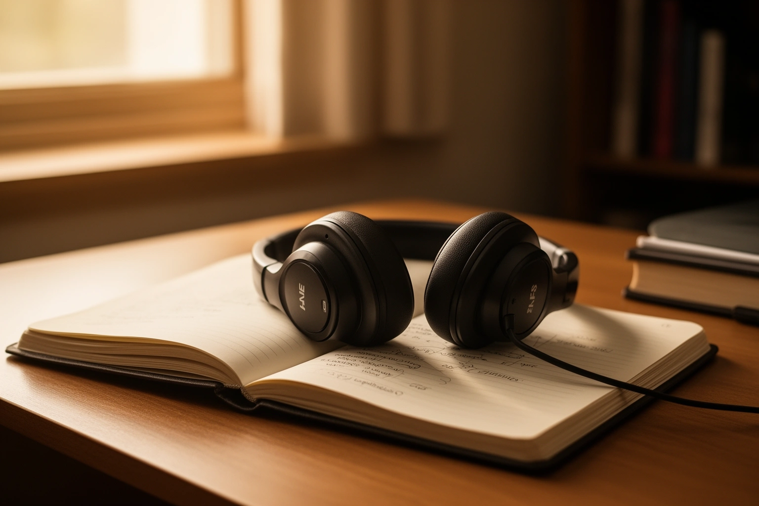 Student studying with headphones on listening to focus music at a desk