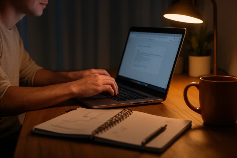 Person working on laptop at night on a side project after their day job