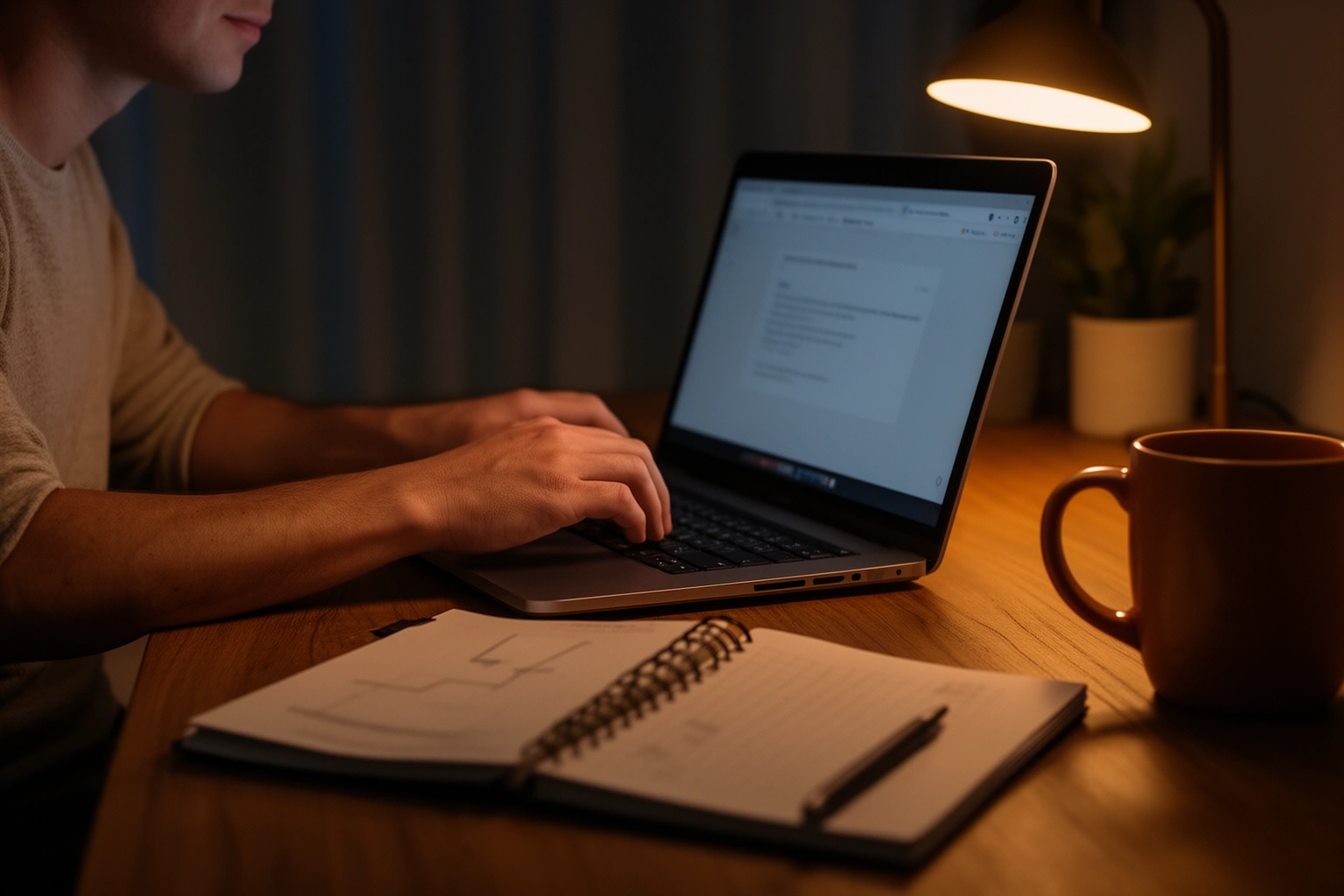 Person working on laptop at night on a side project after their day job