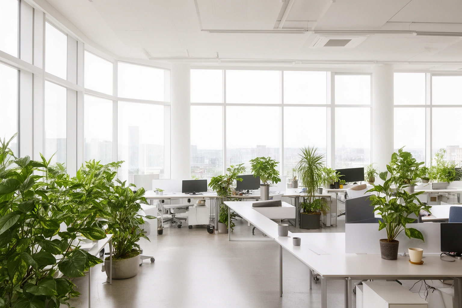 Modern open office layout with natural light and plants promoting employee wellbeing