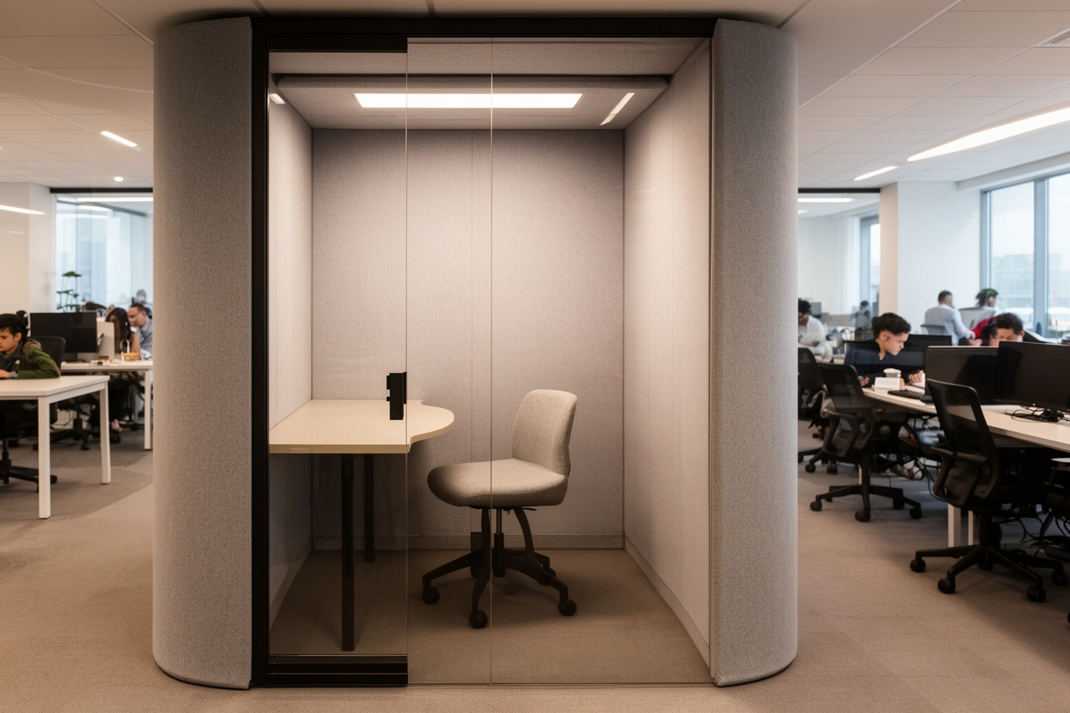 Quiet focused work pod separated from open office collaborative space