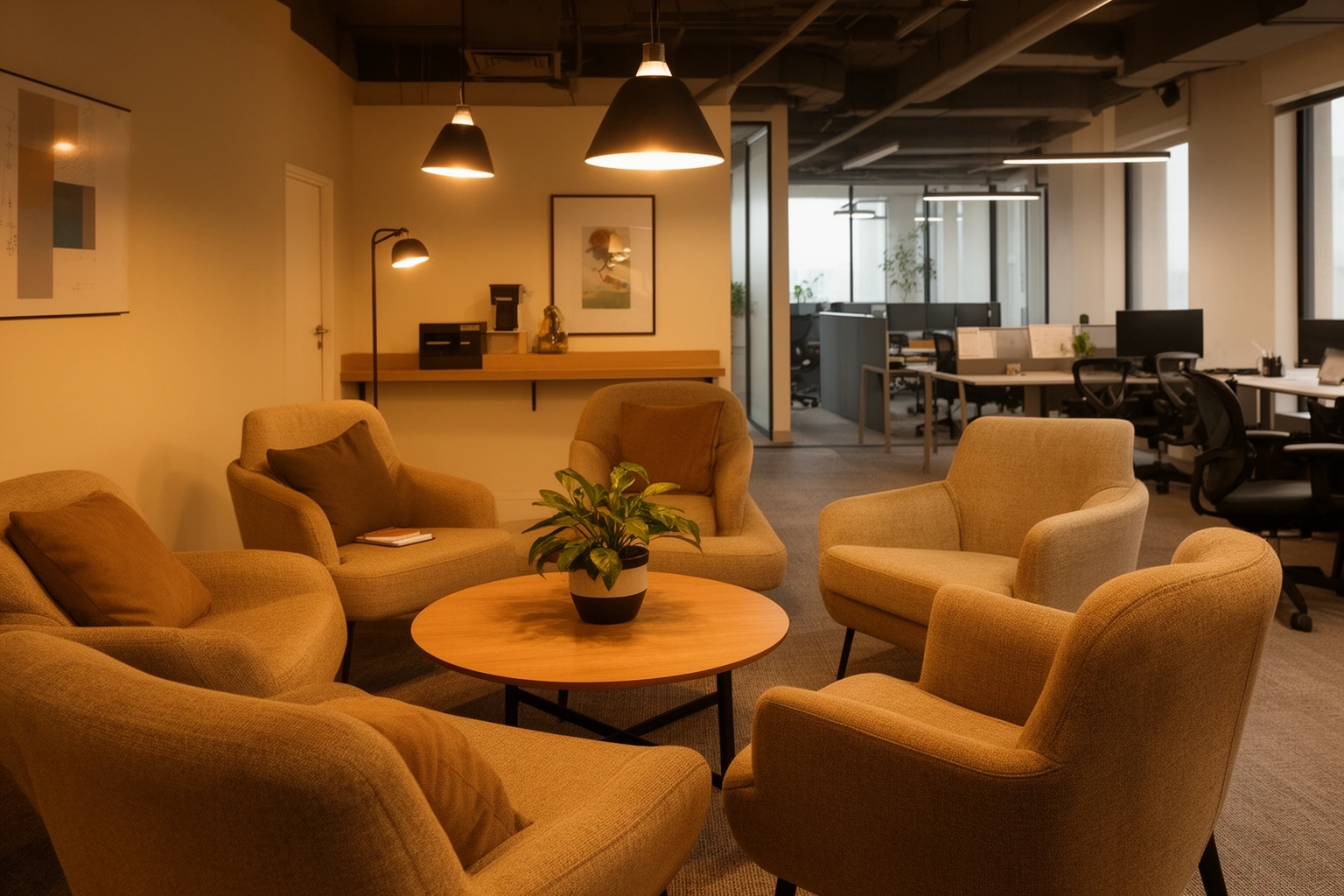 Collaborative office breakout lounge area with comfortable seating and warm lighting