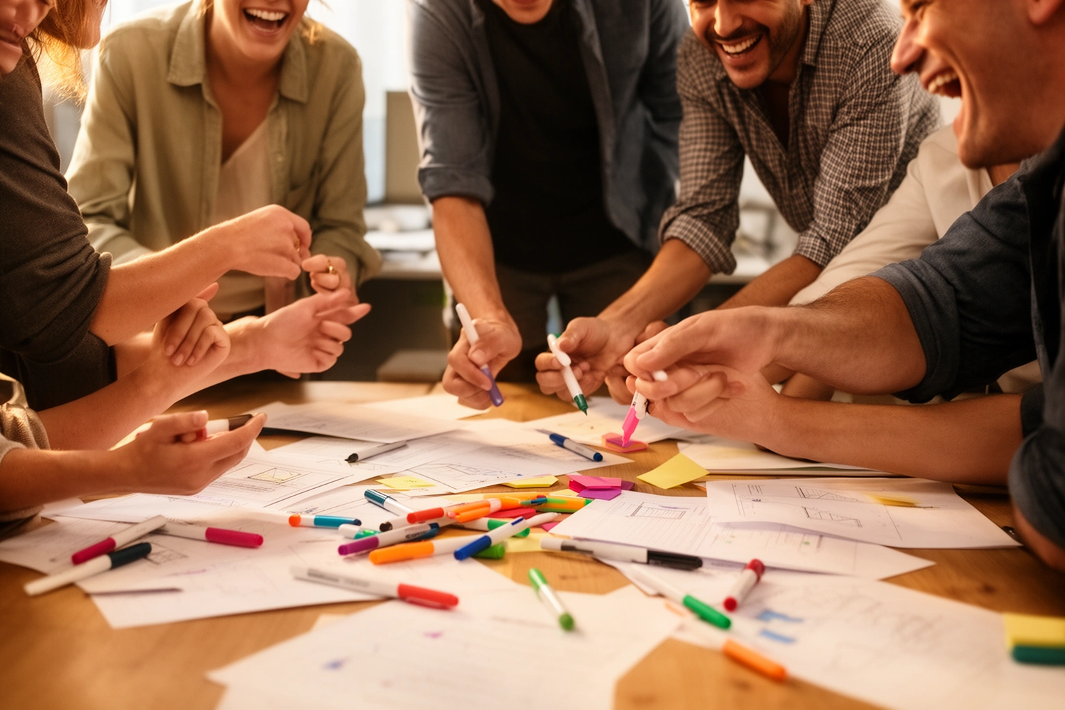 Coworkers laughing together during a collaborative team building activity in an office