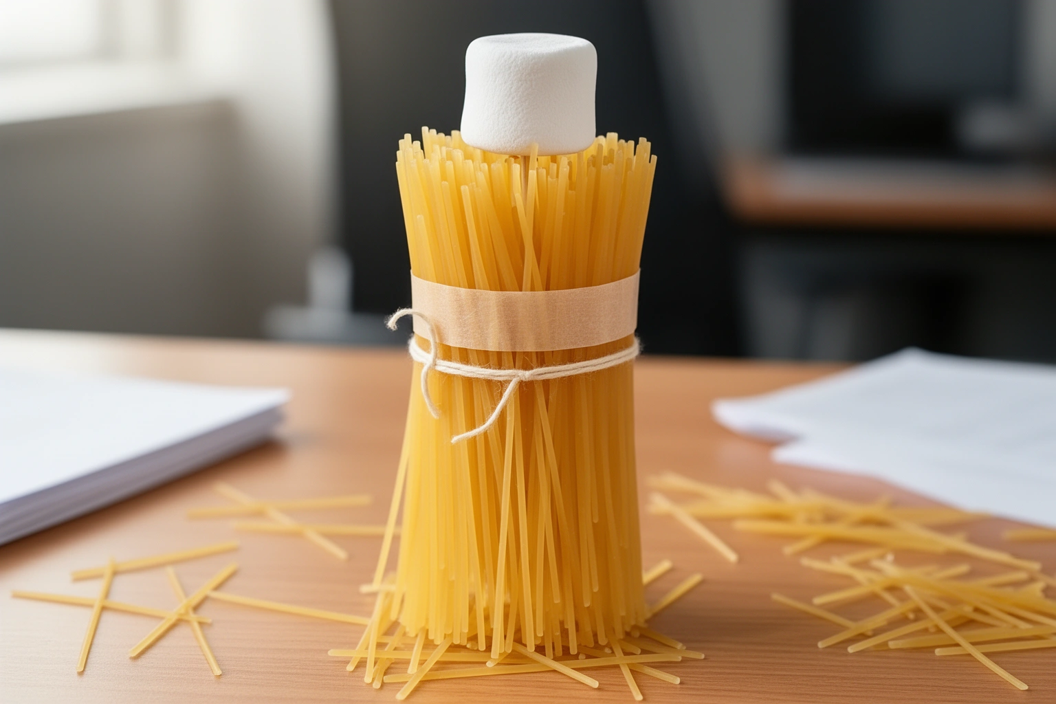 Team building marshmallow spaghetti tower challenge on office table