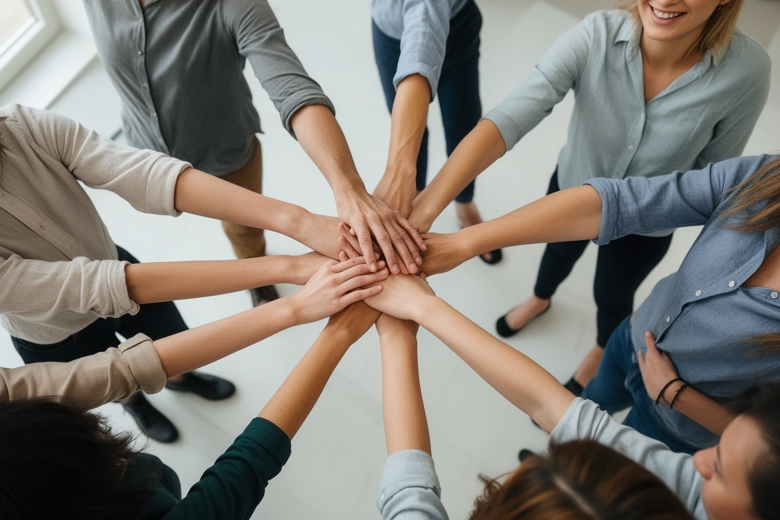 Group circle activity with hands connected representing trust building exercise