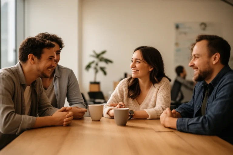 Diverse team of coworkers having a genuine conversation in a bright office setting