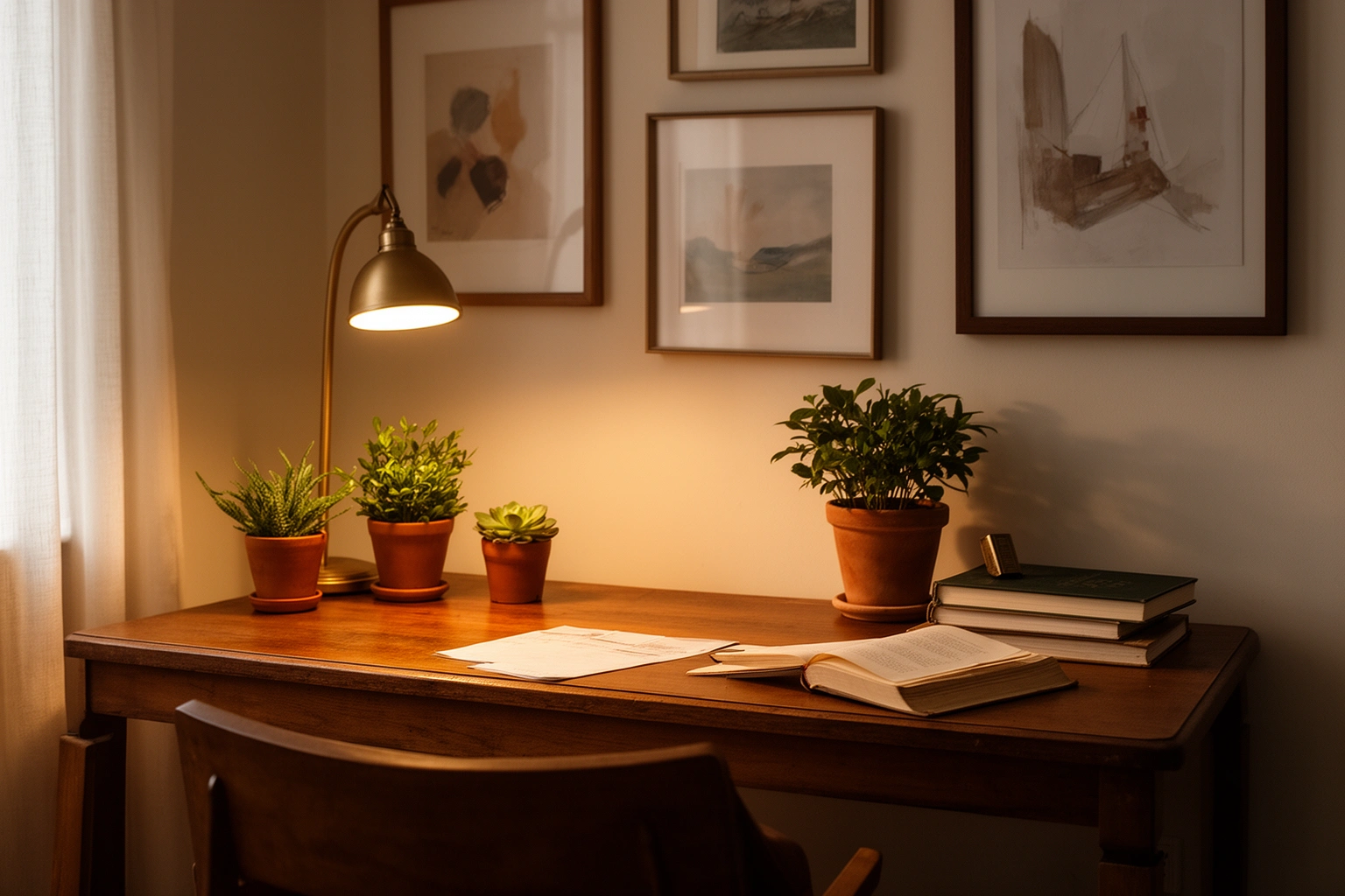 Cozy inspiring home workspace with plants, warm lighting and personal decor items