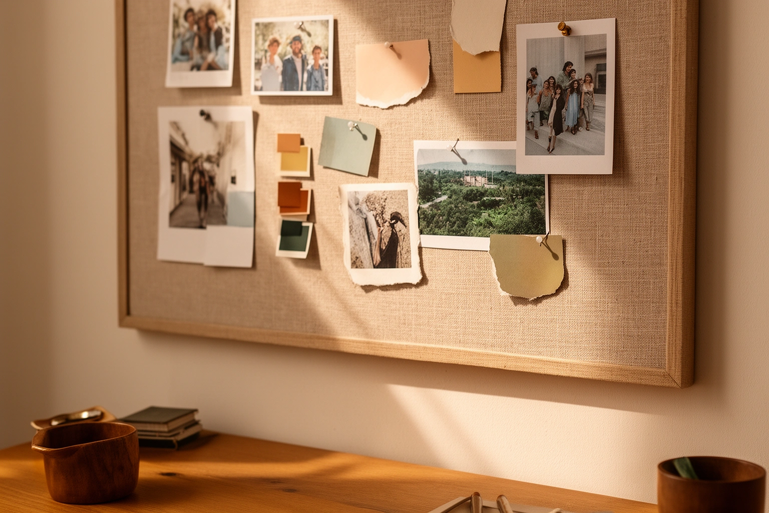 Corkboard vision board with color palette clippings and photos above a desk
