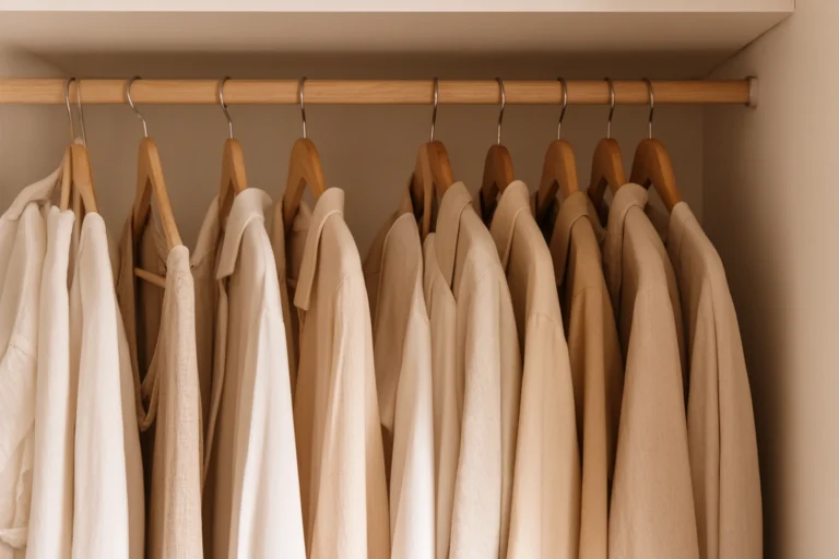 Neatly organized capsule wardrobe closet with neutral colored clothing on hangers