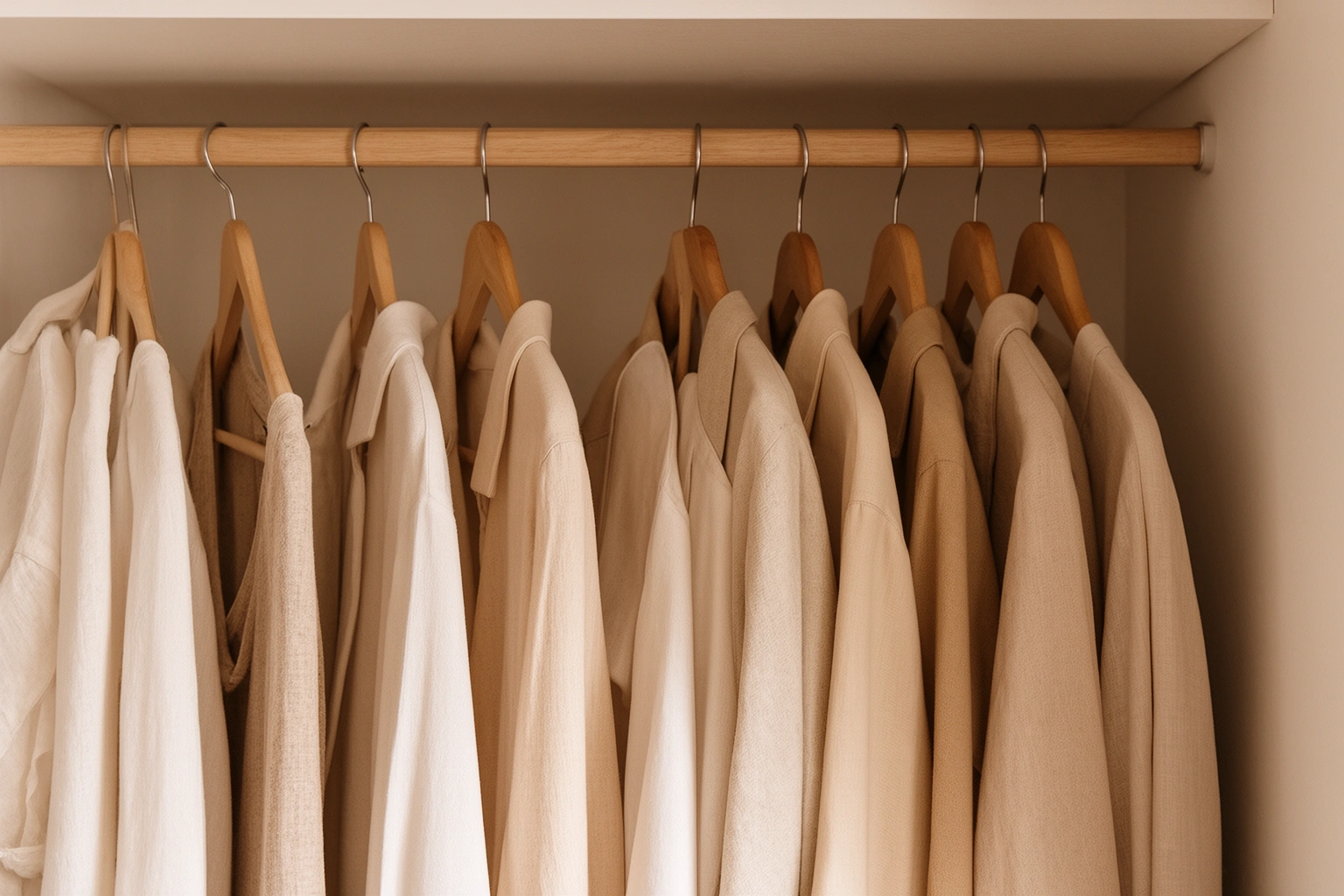 Neatly organized capsule wardrobe closet with neutral colored clothing on hangers