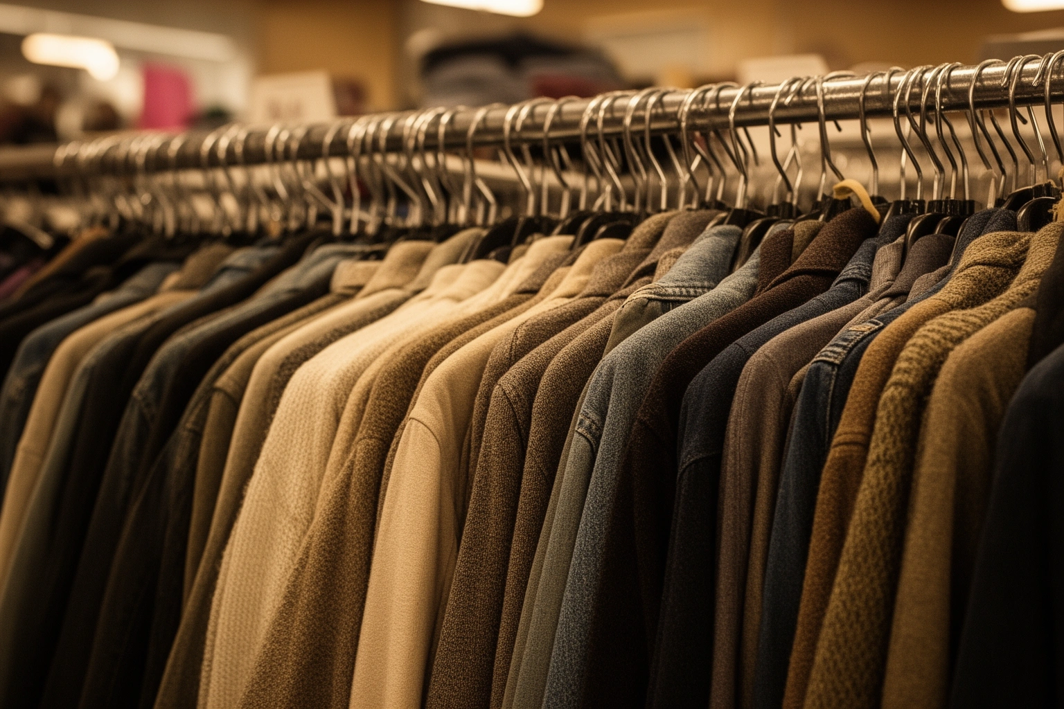 Thrifted clothing rack at secondhand store representing budget capsule wardrobe shopping