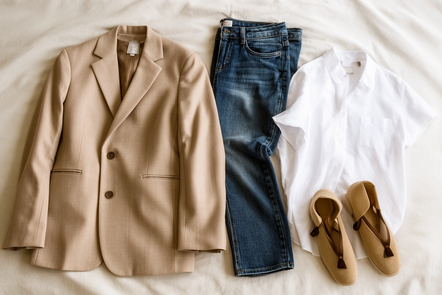 Flatlay of versatile mix and match capsule wardrobe outfit pieces on a bed