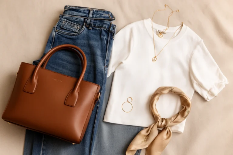 Simple outfit elevated with a structured bag, gold jewelry and silk scarf accessories