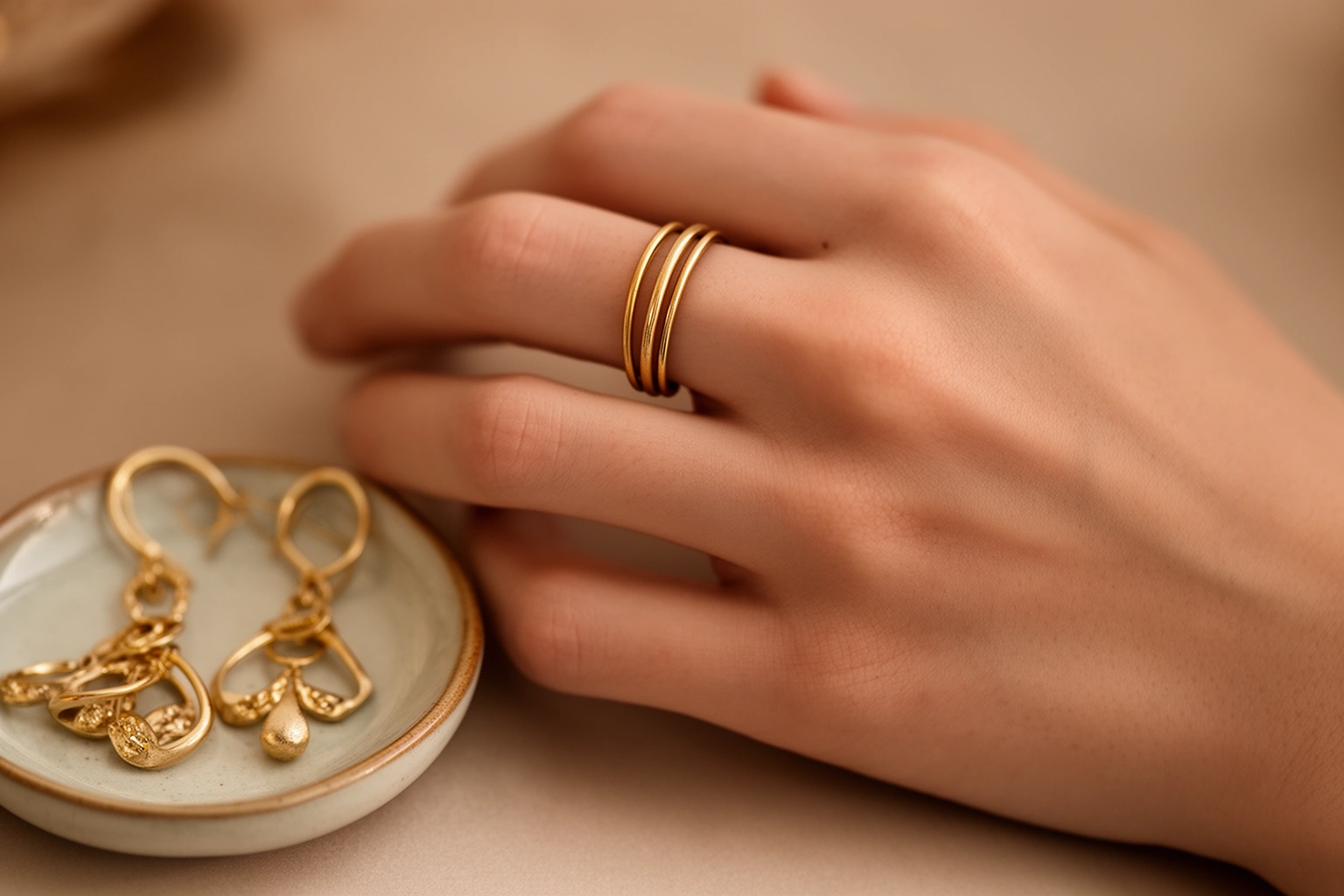Close-up of layered gold jewelry, statement earrings and stacked rings on hand