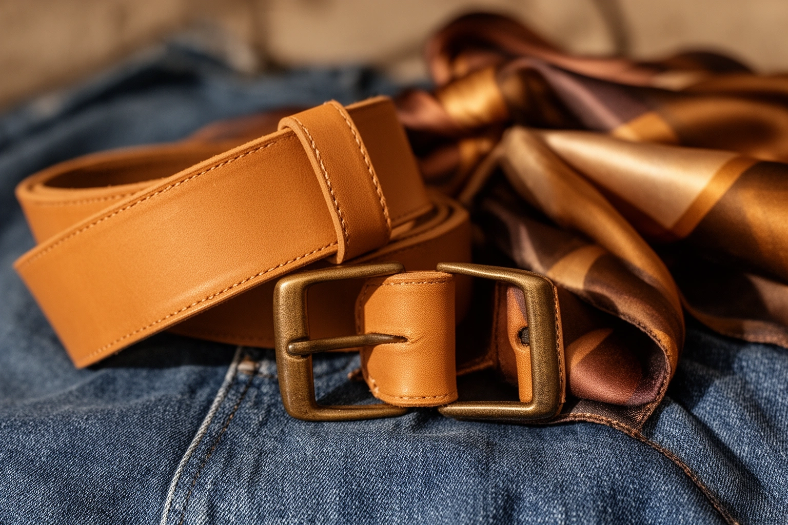 Leather belt and silk scarf accessories styled with a simple denim outfit