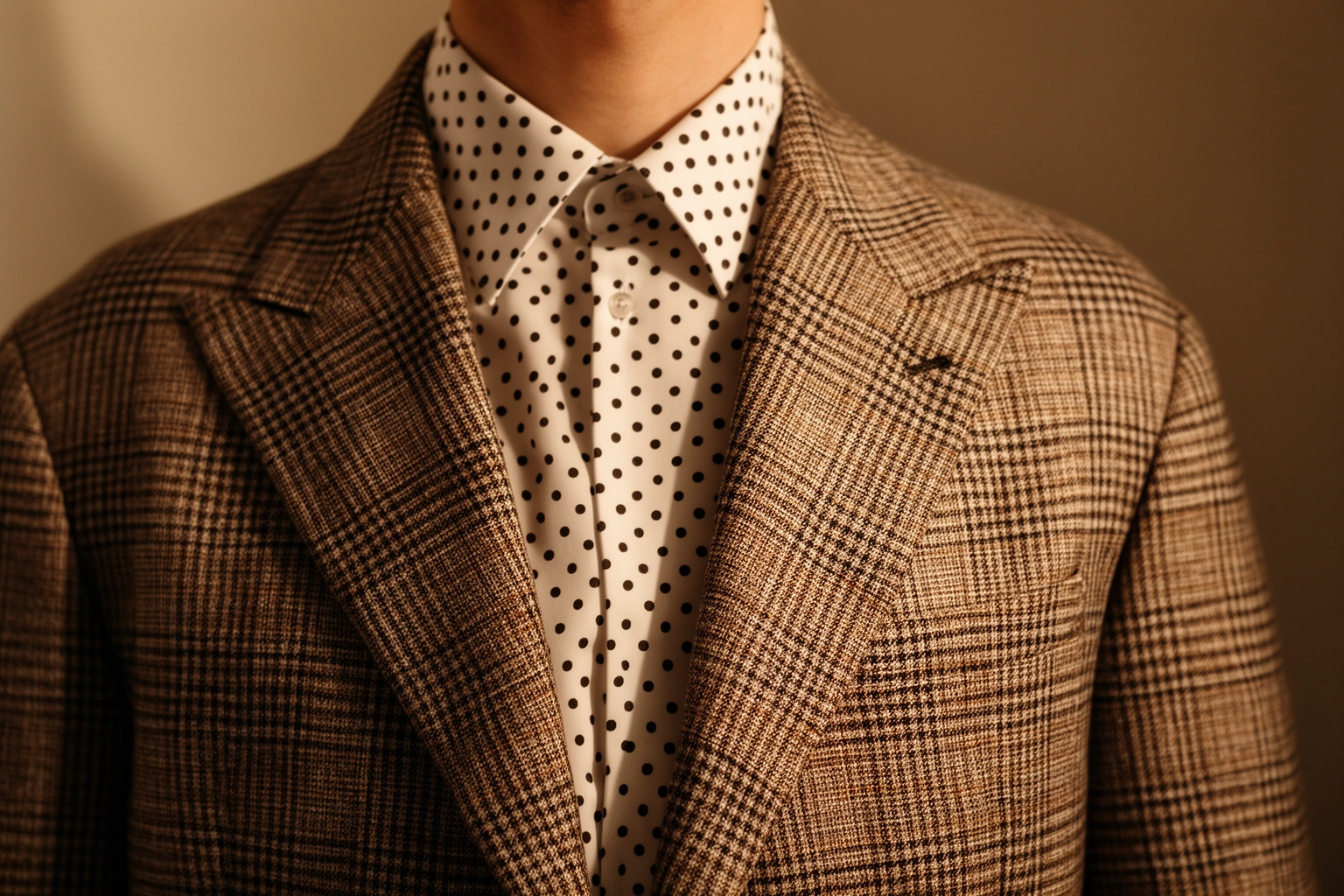 Large scale plaid jacket paired with small scale polka dot shirt showing pattern scale balance