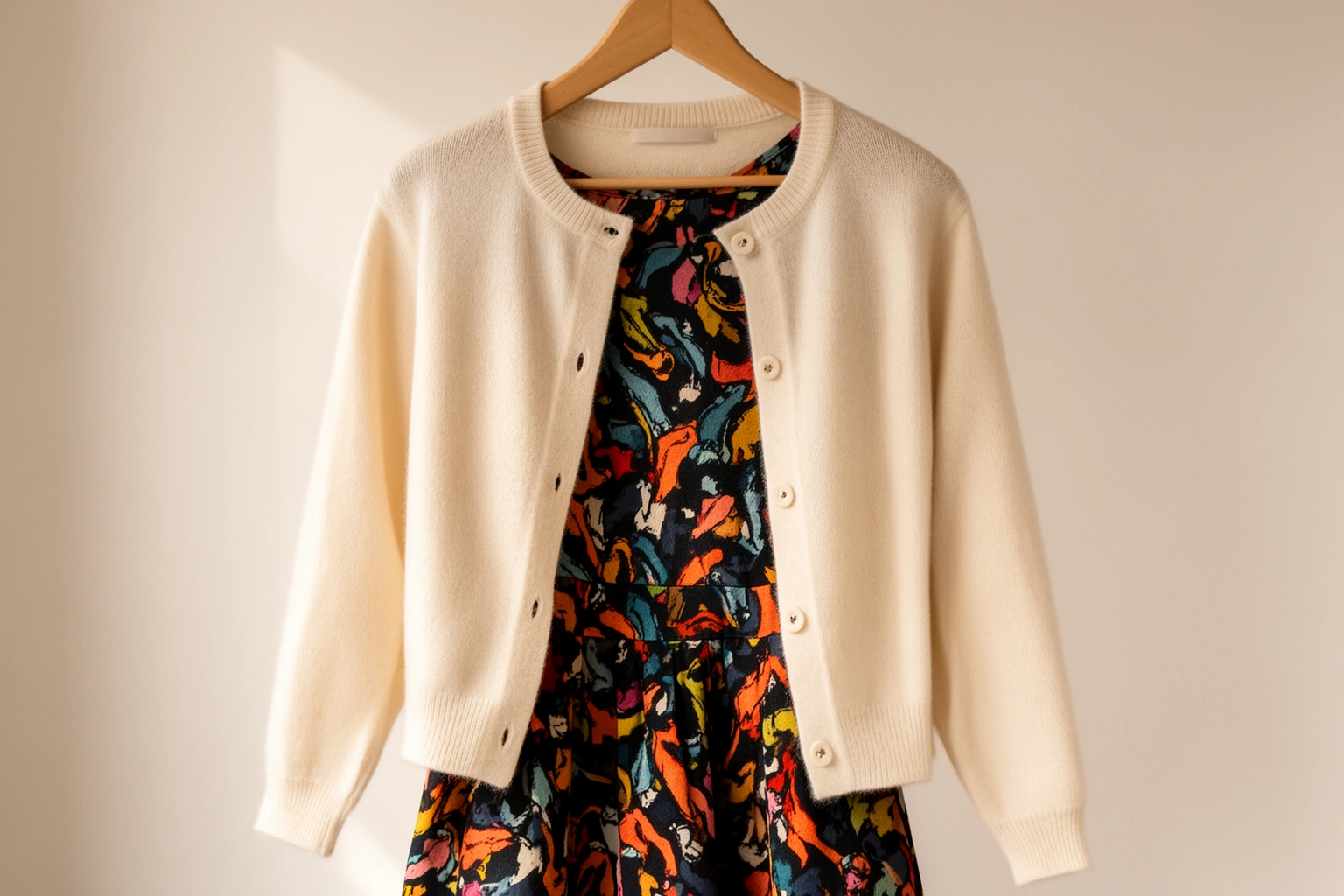Solid neutral cardigan layered over patterned dress to tone down bold print
