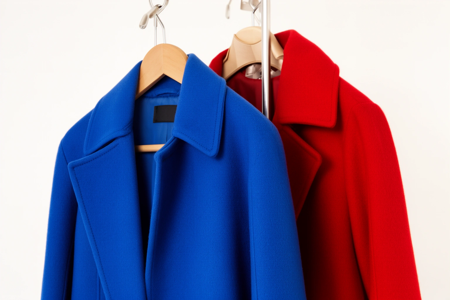 Cobalt blue and lava red clothing on runway rack showing trending fashion colors