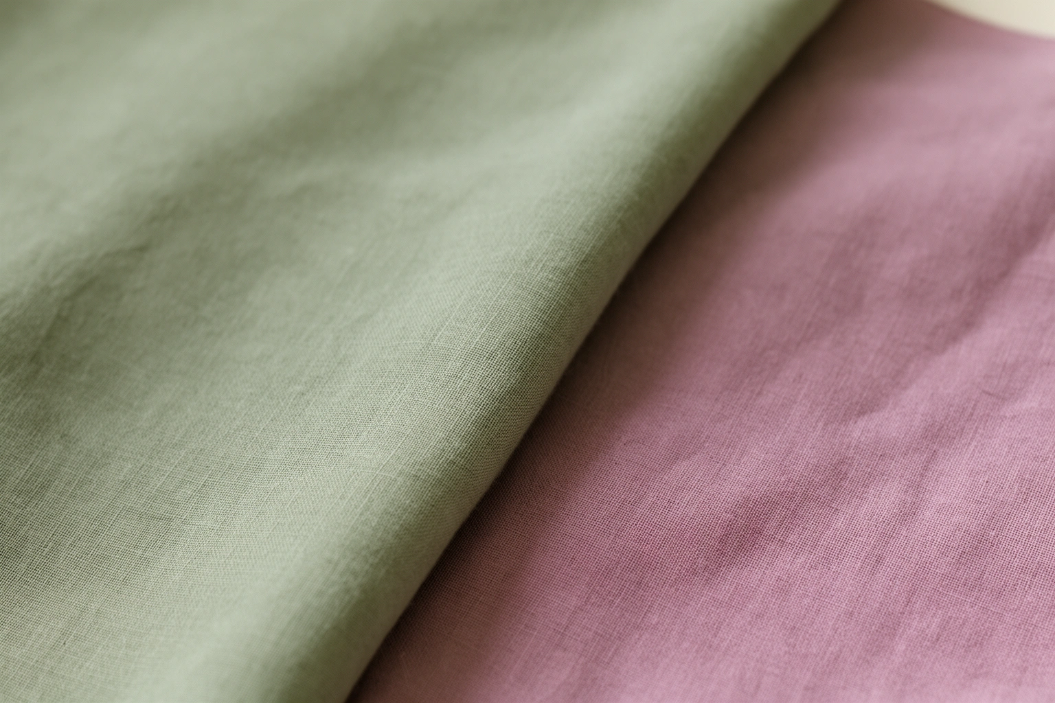Sage green and lilac colored fabric swatches representing seasonal color palette