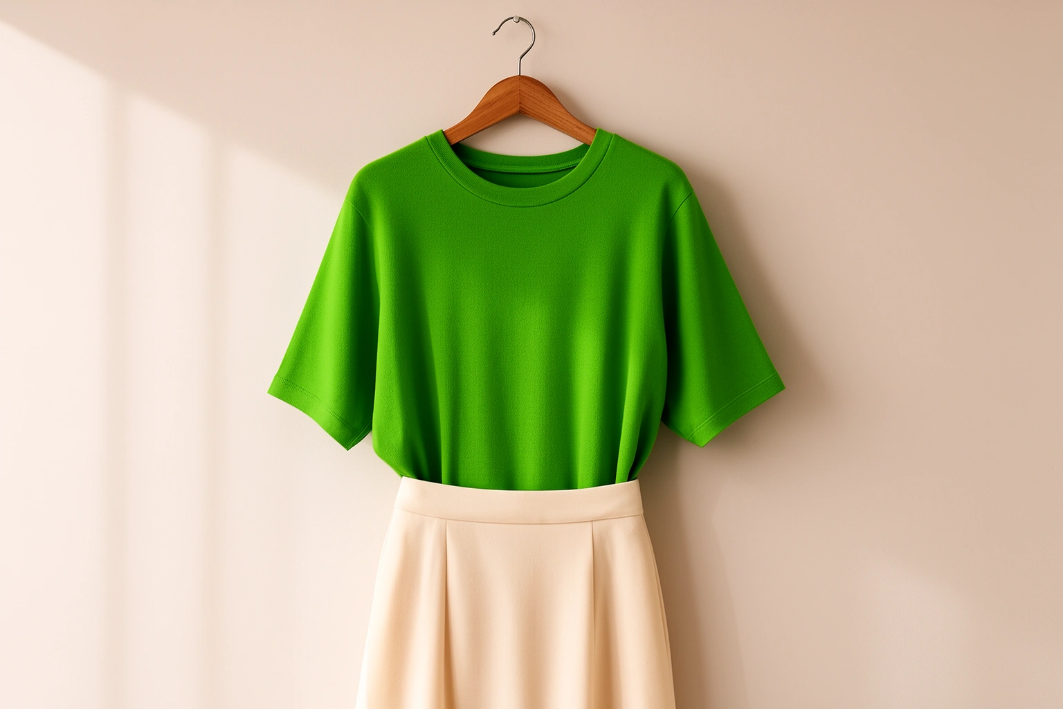 Chartreuse green and cream colored outfit combination on hanger showing bold color trend