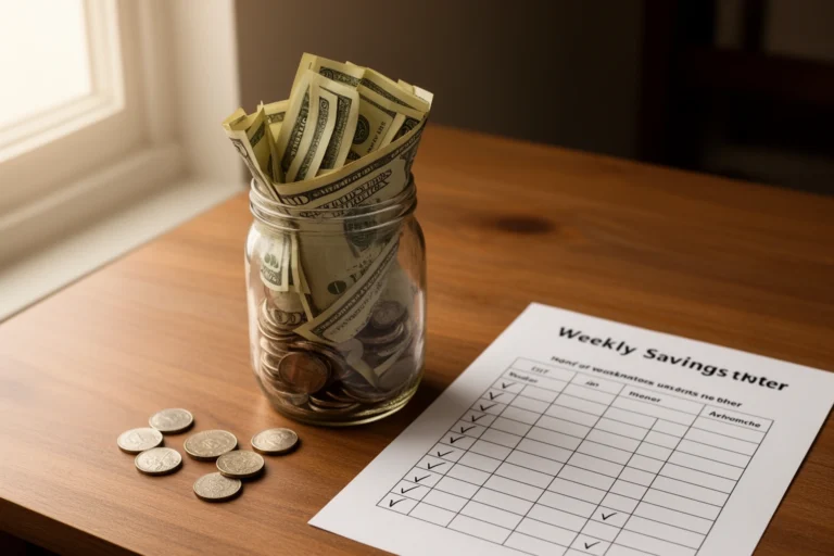 Glass coin jar filled with cash surrounded by a savings challenge tracker sheet, money-saving challenges concept