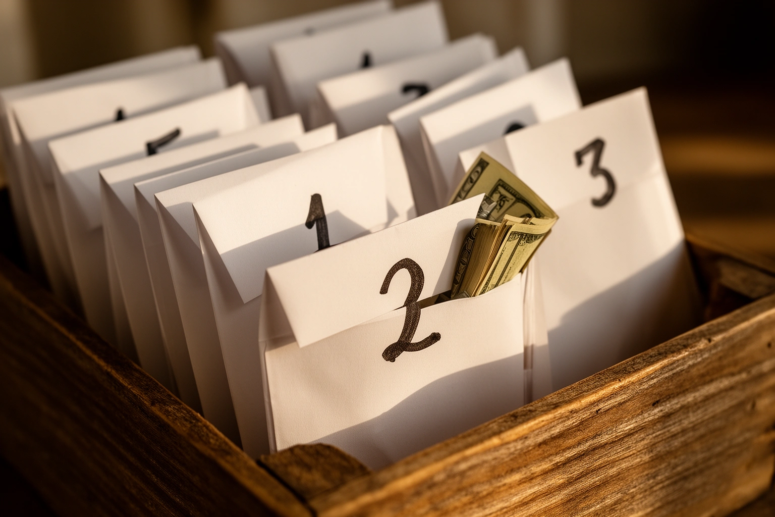 Hundred envelope savings challenge with numbered envelopes and cash inside a wooden storage box