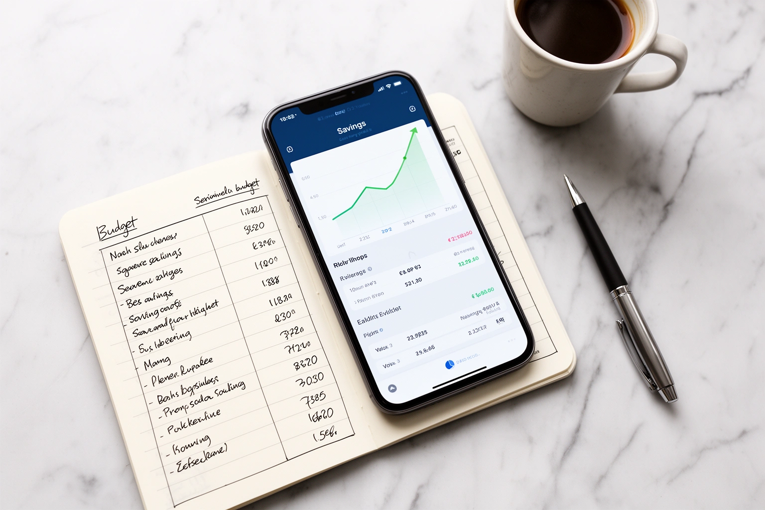 Smartphone showing a savings app graph next to a notebook budget planner and coffee cup, tracking money saving progress
