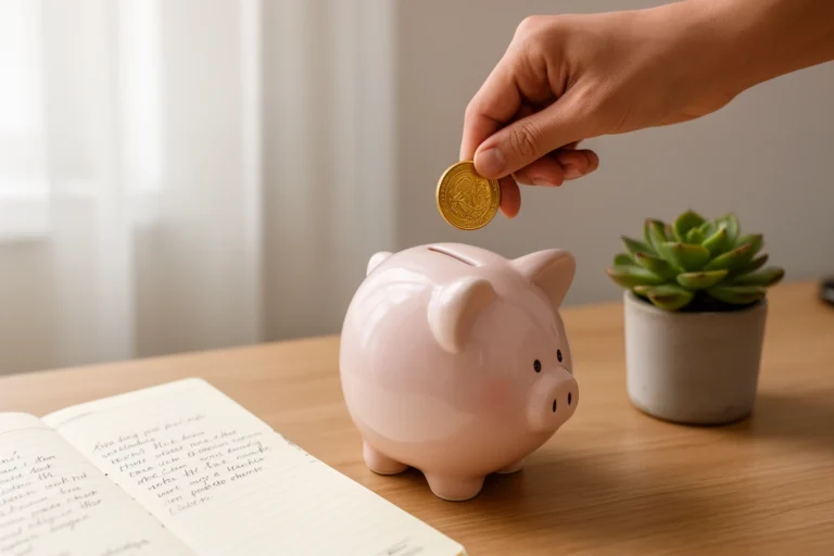 Person's hand placing a coin into a piggy bank beside a calm organized desk, natural saver mindset concept