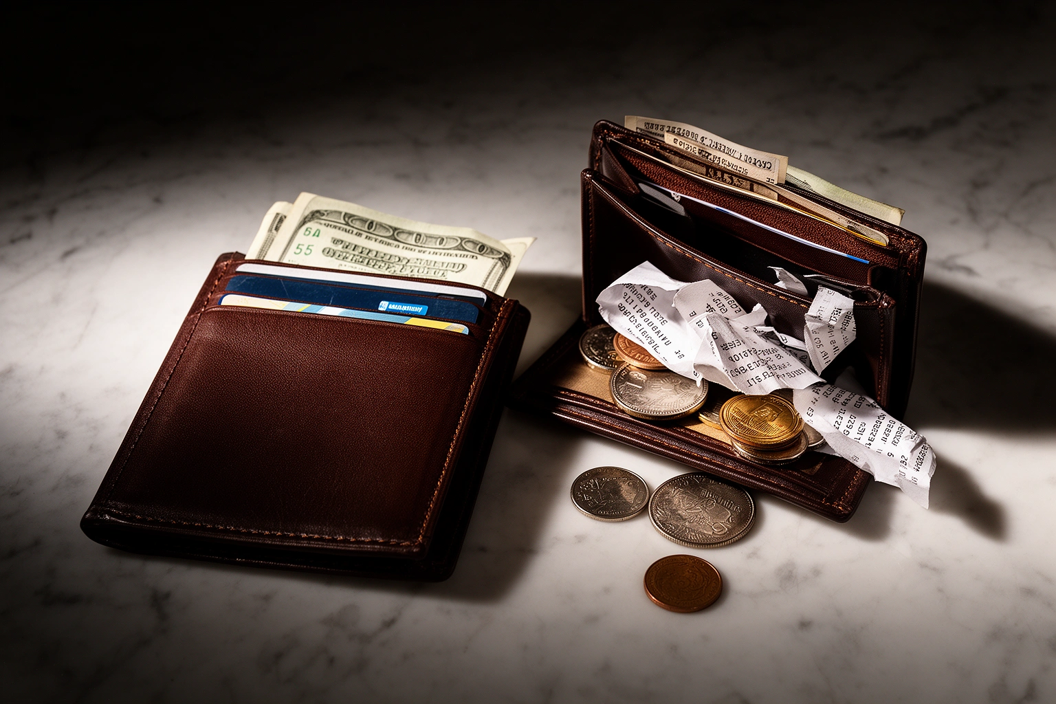Two contrasting wallets, one neatly organized with folded cash and one overflowing with receipts, spender versus saver mindset
