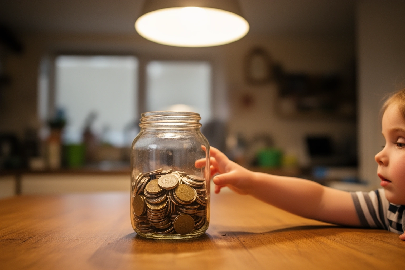 Family at a kitchen table teaching a child about saving money in a jar, childhood money habits concept