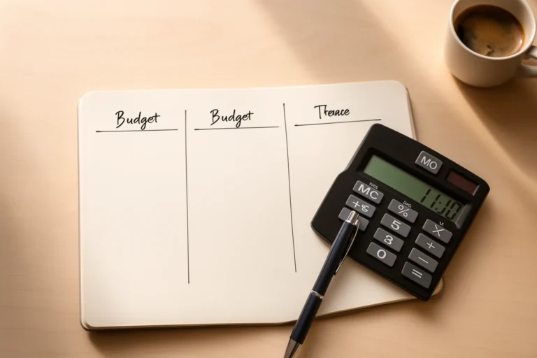 Simple budgeting notebook with three labeled spending categories and a calculator on a clean desk