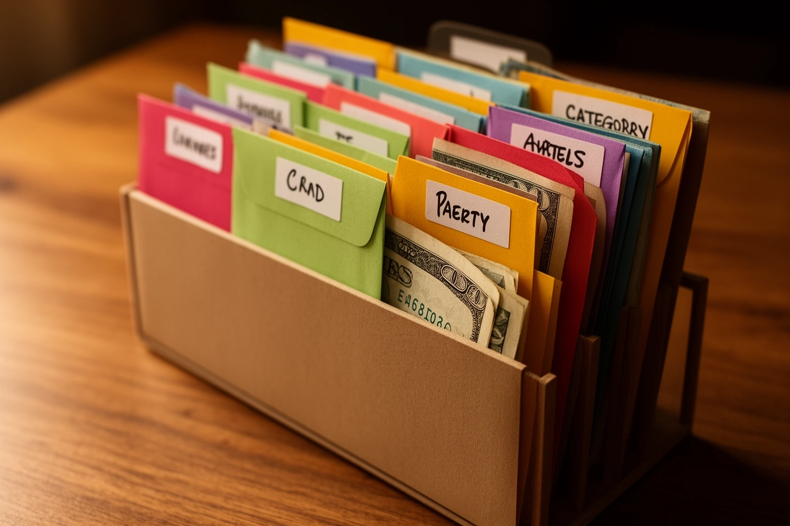 Cash envelope budgeting system with labeled envelopes for groceries, bills, and entertainment spending