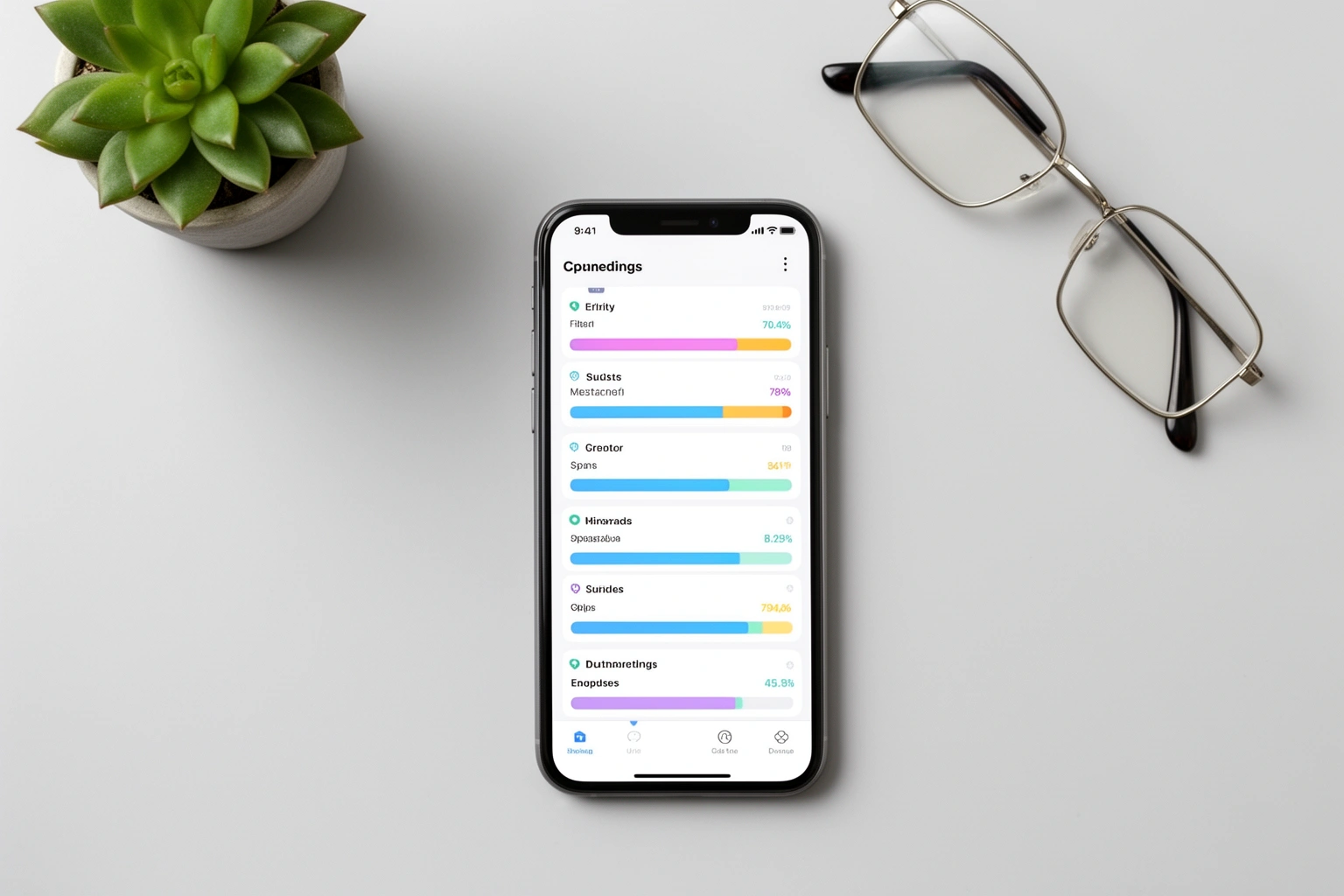 Smartphone budgeting app dashboard showing spending categories and monthly progress bars