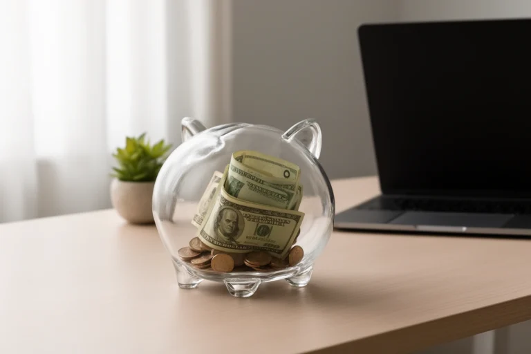 Modern glass piggy bank on a minimalist adult desk with folded cash and coins visible inside
