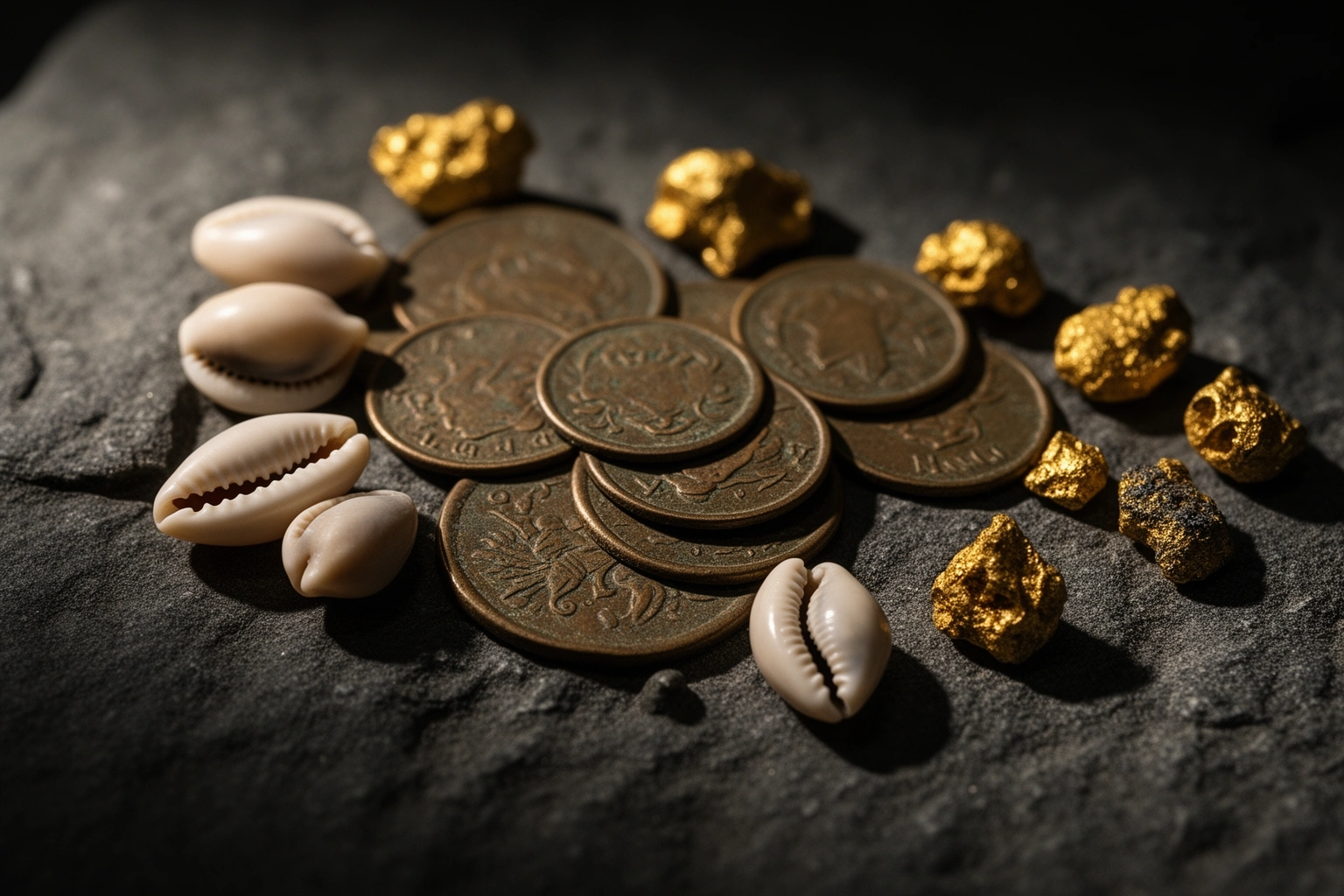 Ancient coins and cowrie shells displayed together representing the early history of money