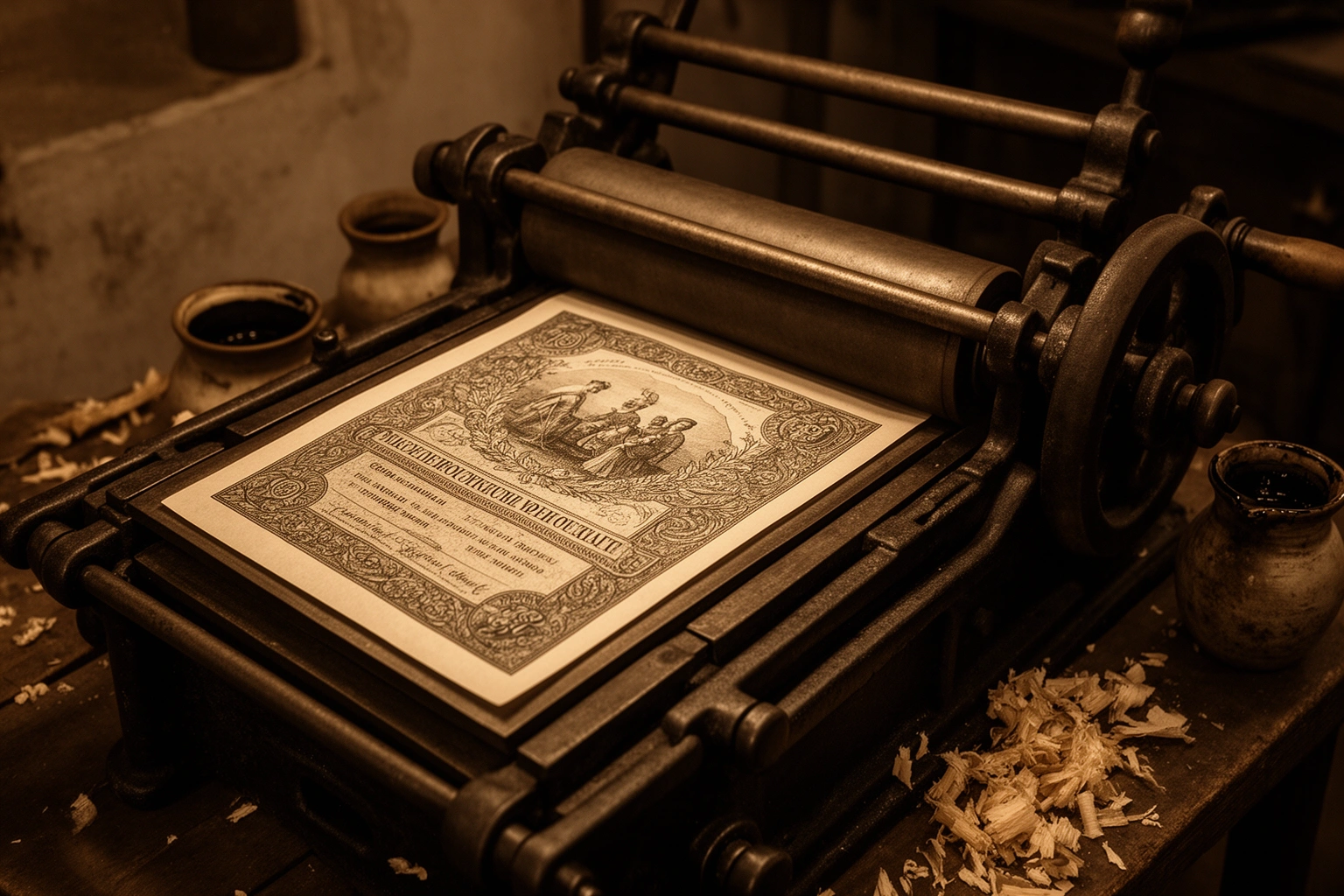 Antique printing press producing early paper banknotes, history of paper currency concept