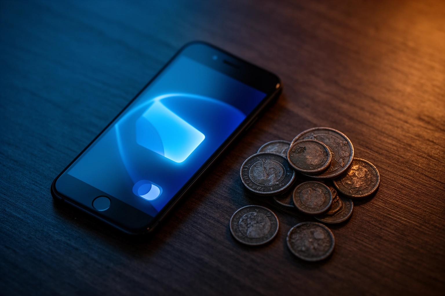 Modern smartphone displaying a digital wallet payment screen next to old coins, evolution of money into digital currency